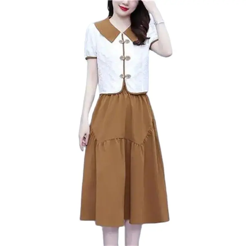 Summer Two-piece Dress Women 2024 New Doll Collar Coil Buckle Skirt Suits Fashion Chinoiserie Shirt A Word Skirt Sets Female