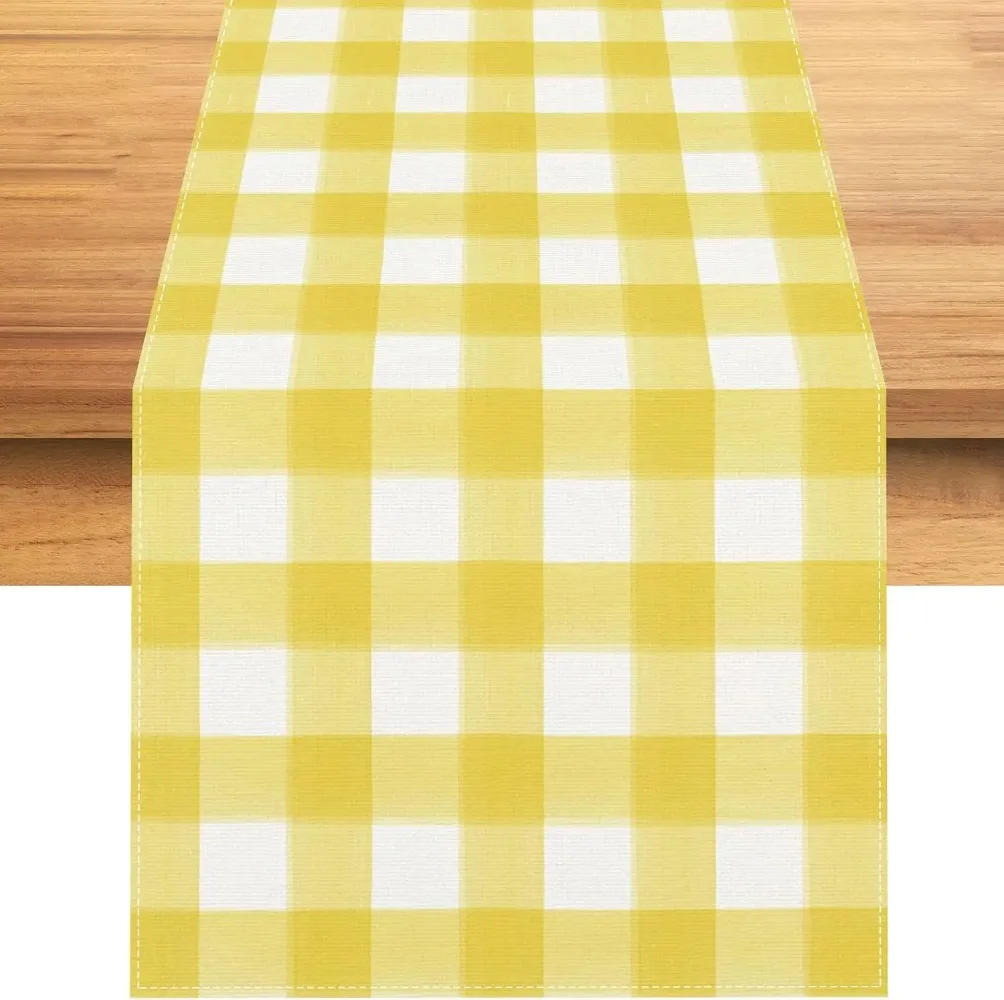 Yellow White Buffalo Plaid Linen Table Runners Washable Checkered Dresser Scarf Birthday Party Kitchen Dining Table Decor