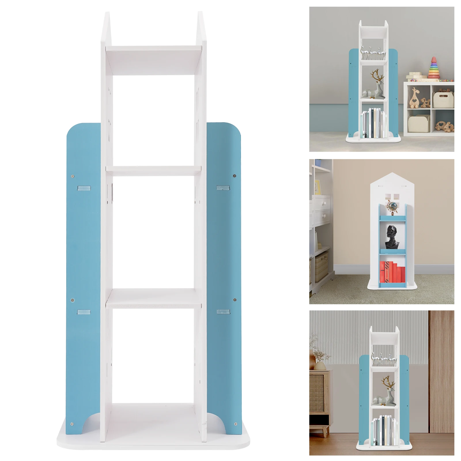

Kids Castle Rotating Bookshelf, 360° Spinning Bookshelf Toy Storage Organizer with 4 Tiers, Children's Room Decorative Bookcase, White & Blue Design