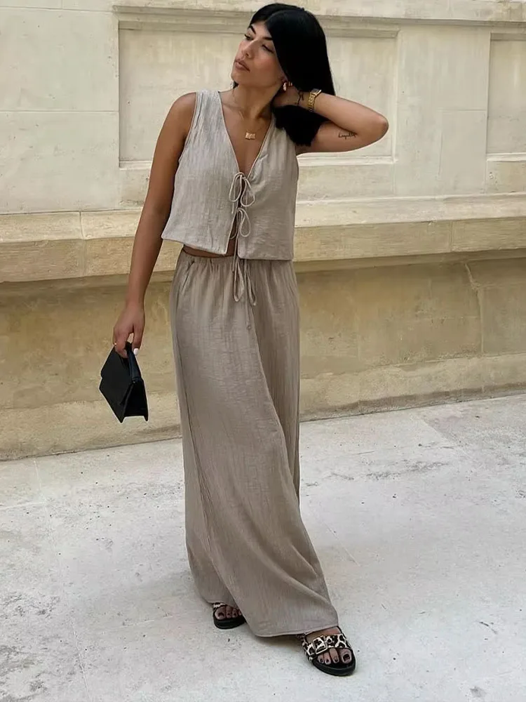 2024 Summer Women Brown V-Neck Sleeveless Lace Up Cardigan Slim Vest+ A Line Casual Loose Skirt 2 Pieces Set For Holiday