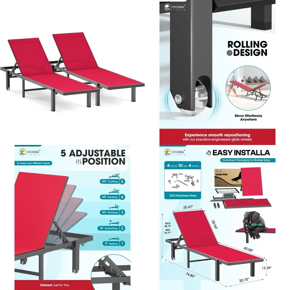 

"Two-Piece Outdoor Adjustable Chaise Lounge Set with Wheels for Poolside, Deck, and Beach Relaxation"