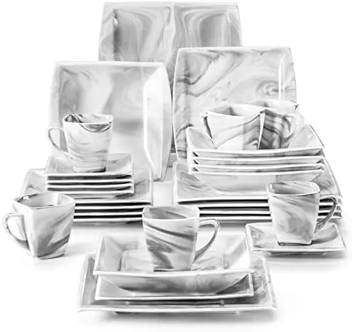 

MALACASA 30-Pc Porcelain Dinnerware Set for 6, Microwave-Safe, Marble Grey, Modern Square Design