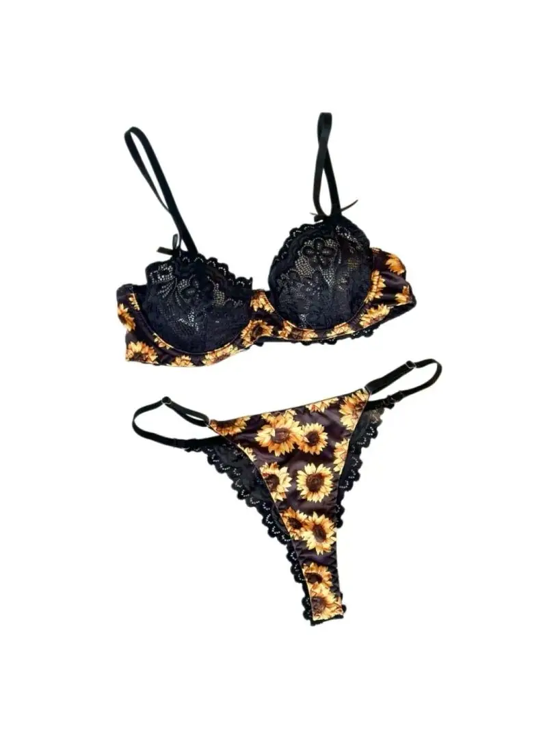 

Сексуальный комплект нижнего белья с принтом подсолнухов, вышивкой, прозрачной кружевной отделкой, французским бантом, регулируемыми бретелями, бюстгальтер на косточках для женщин