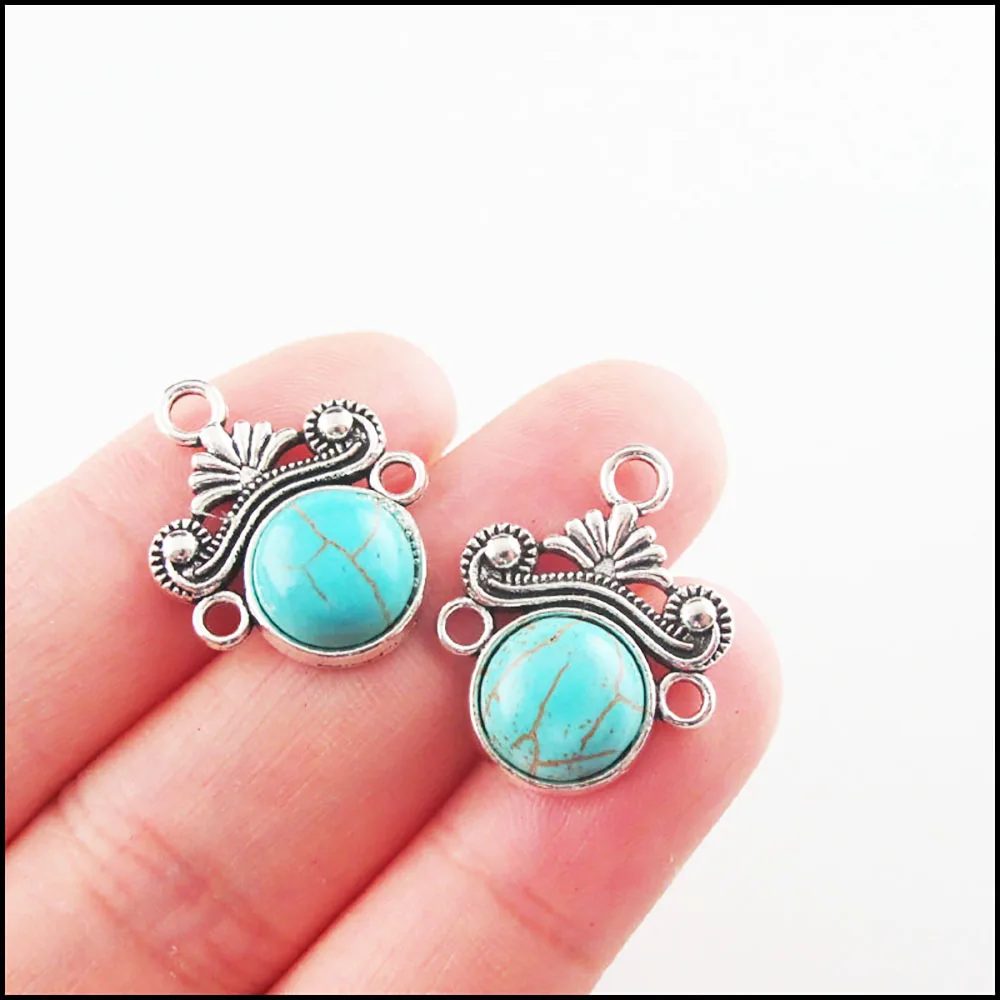 Retro Tibetan Silver Plated Teardrop Flower Eye Heart 10mm Round Turquoise Stone Charms Pendant Connectors