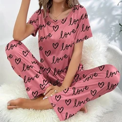 Ladies Pyjamas Dark Pink Letter Printed Short Sleeved T-shirt and Pants Sleepwear With Eye Mask Pajama 3 Pieces Casual Home Wear