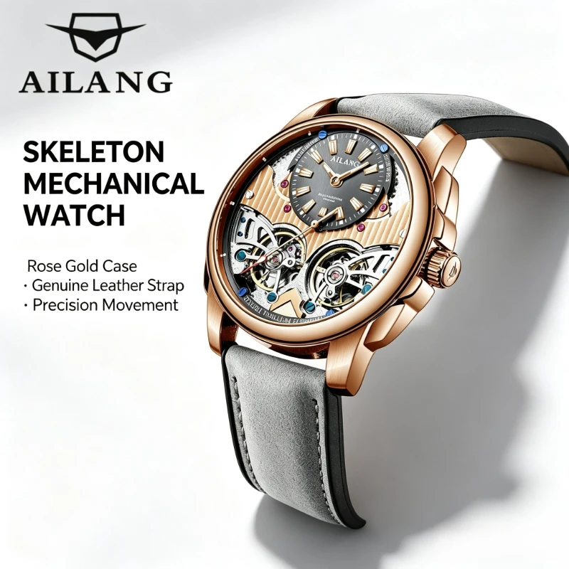 AILANG Men's Luxury Automatic Mechanical Watch Waterproof Sport Military Double Tourbillon Leather Strap Wristwatch