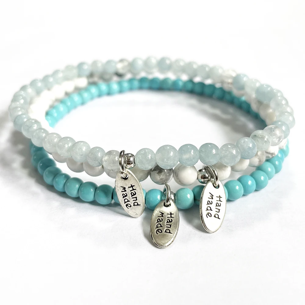 

MG1942 New Design 4 MM Blue Turquoise Howlite Aquamarine Gemstone Bracelet Set Handmade Charm Wrist Malas