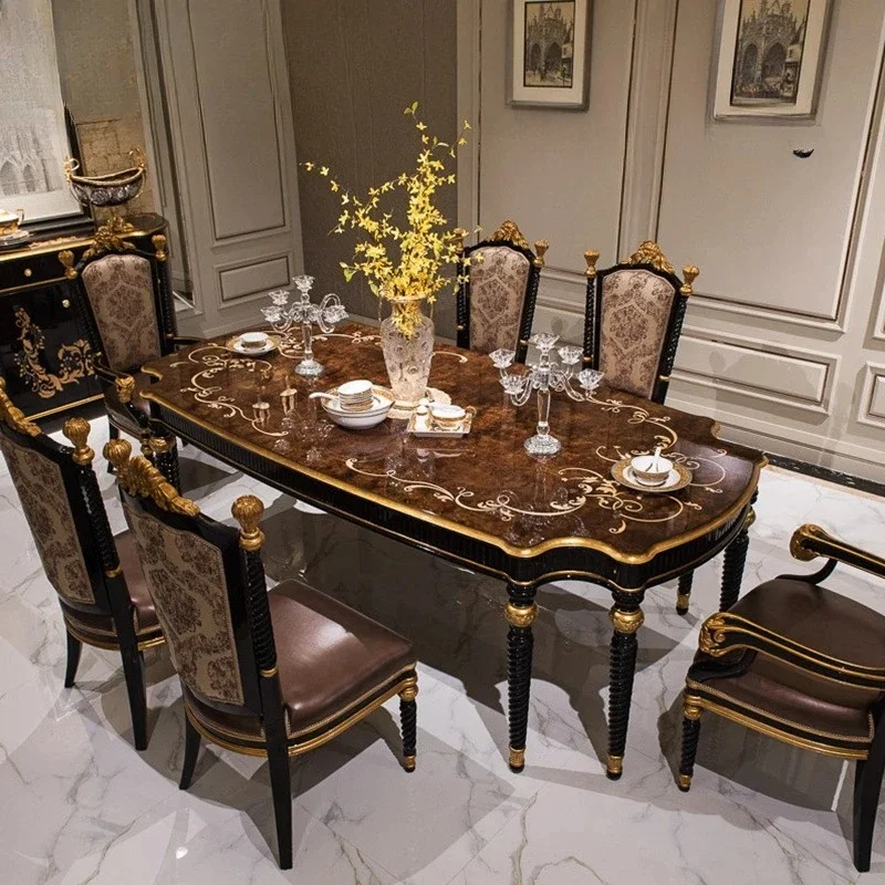 

Обеденный стол и стул из цельного дерева, длинный европейский неоклассический круглый стол, домашний обеденный стол с вращением