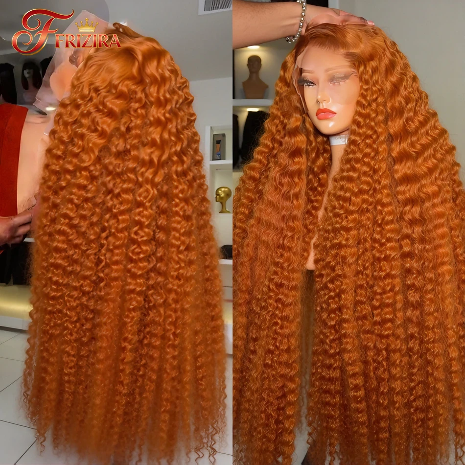 Peluca de Cabello Humano con Frente de Encaje Transparente de 32 Pulgadas, Color Naranja Jengibre, Ondulado al Agua, 13x6, para Mujer # 350 mechones de cabello rizado de colores