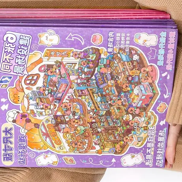 

1Set Plus Size Cartoon Scenes Book Landscape Sticker DIY Toy Game Books 3D Sticker Cabin Scene Pocket Festival Birthday Gift