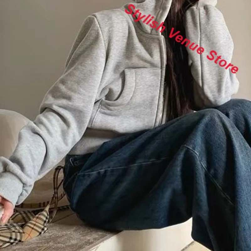 American retro gray hooded sweater coat female spring and autumn new fashion temperament slim short waist cardigan casual shirt