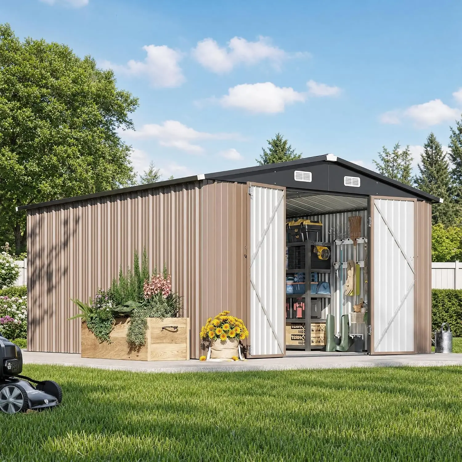 12 x 10FT Outdoor Storage Shed with Double Hinged Large Door, Brown, Customized
