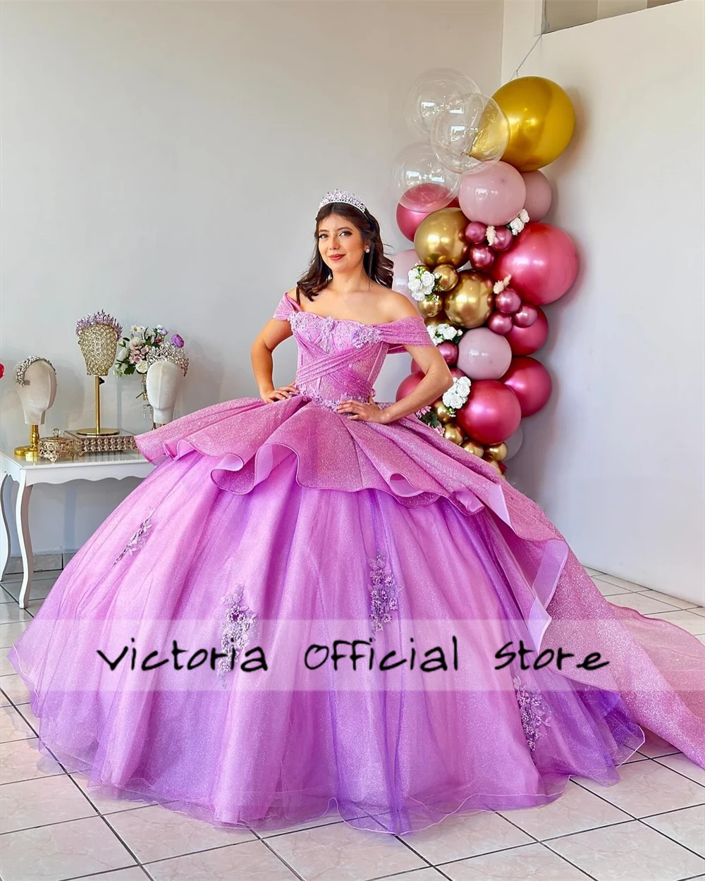 Cute Lilac Lace Applique Quinceanera Dresses Off The Shoulder Corset Ball Gown Sweet Sixteen Dress Wedding Gowns vestido de gala