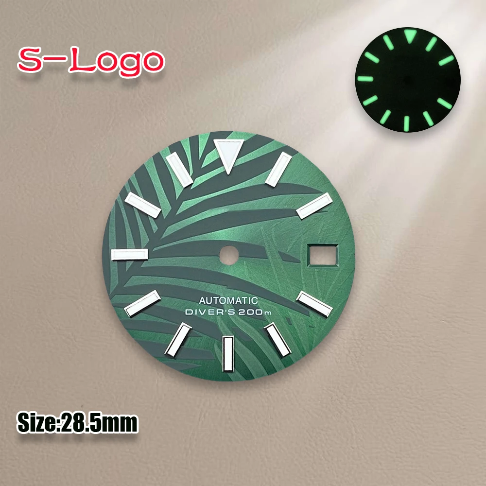 28.5mm High Quality S Logo Nh35 Dial Bamboo Leaves Dial For NH35/NH36/4R/7S Movement Green Luminous Watch accessories repair