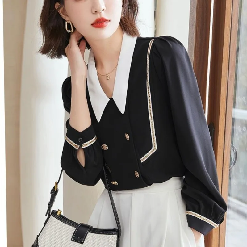 2024Women\'s Spring and Autumn New Fashion Elegant Doll Neck Spliced Button Korean Versatile Long Sleeve Chiffon Shirt Tops