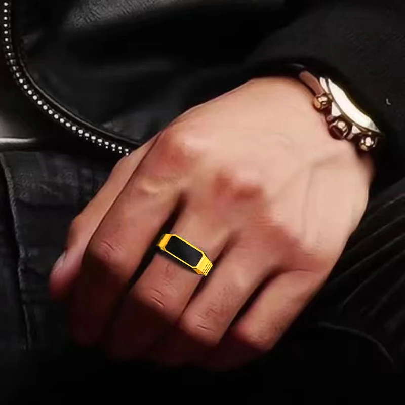 Men\'s Ring Drip Oil Electroplated Gold and Silver Ring Men\'s Trendy Hip Hop Square Ring Aggressive Personality Retro Men\'s Ring