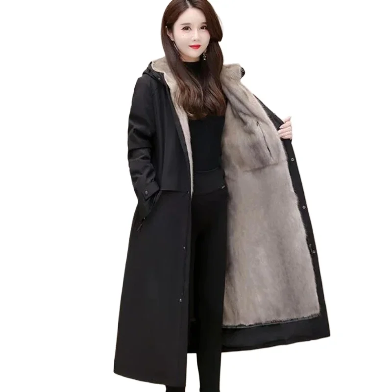 

2024 Winter New Women Mink Velvet Removable Liner Hooded Parkas Large Size Long Below The Knee Thicken Warm Fur Coat Mom Outfit