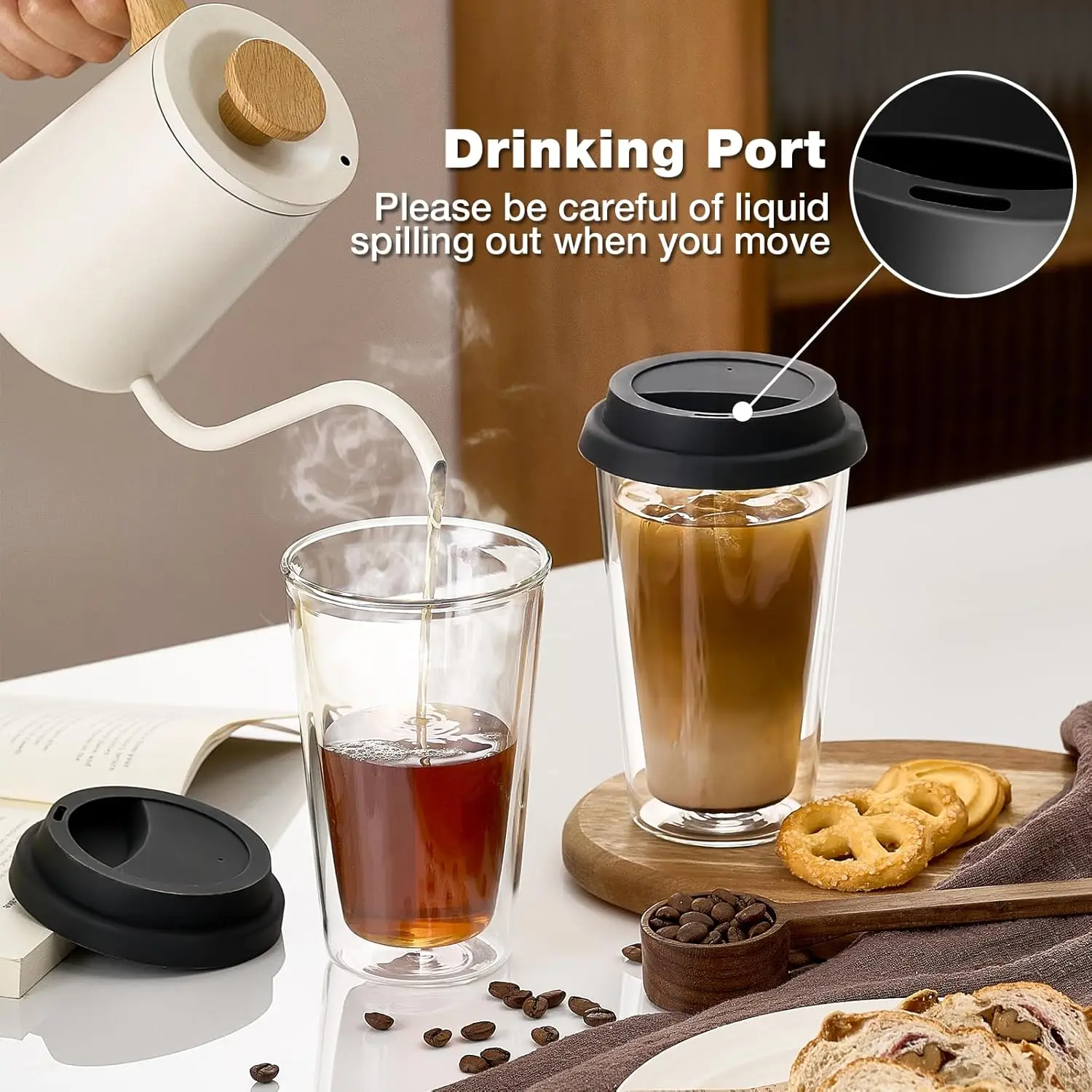 Double Walled Coffee Mug with Lid, Reusable Coffee Cups with Silicone Lids, Insulated Tumblers for Hot & Cold Drink, Clear Glass