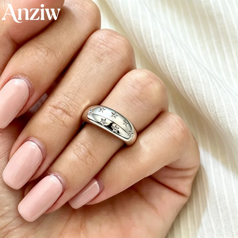 Anziw New 925 Sterling Silver Round Moissanite Star Ring for Women 14K Gold Plated Wedding Finger Band Thick Rings Jewelry Gifts