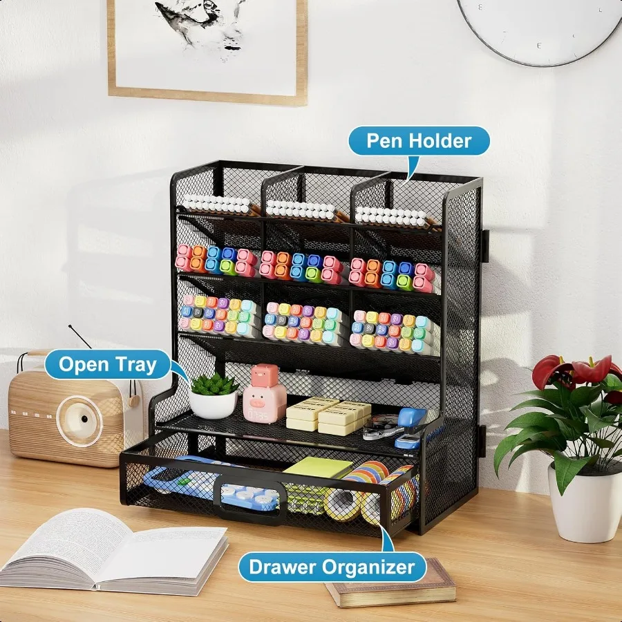 منظم مكتب شبكي أكبر مع درج حامل أقلام رصاص متعدد الوظائف، منظمات مكتب سهلة التجميع وملحقاتها للمكتب