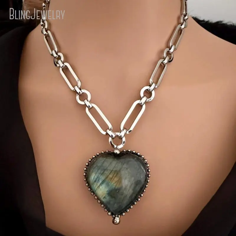 10pcs Silver Plated Stainless Steel Paperclip Chain Jewelry Labradorite Heart Pendant Necklace Gemstone Y2k Accessory