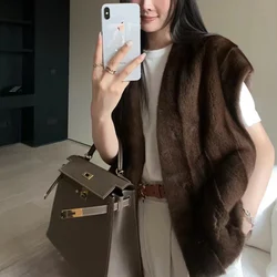 Luxury Mink Fur Vest For Women Imported Whole Piece Fur Dropped Shoulder Sleeveless  Jacket Women Vertical Bar V-neck Fourrure