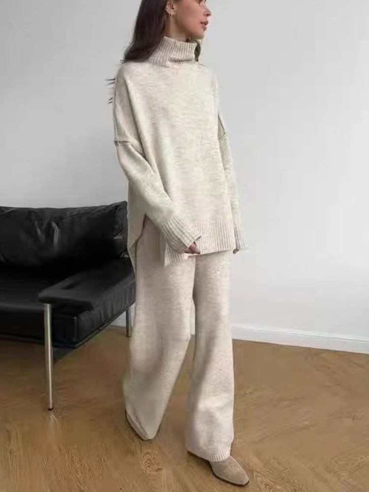 Autumn Winter Warm Outfit Women Solid Turtleneck Knit Sweater Set Oversized Long Sleeve Loose Top Pullover High Waist Pants Suit