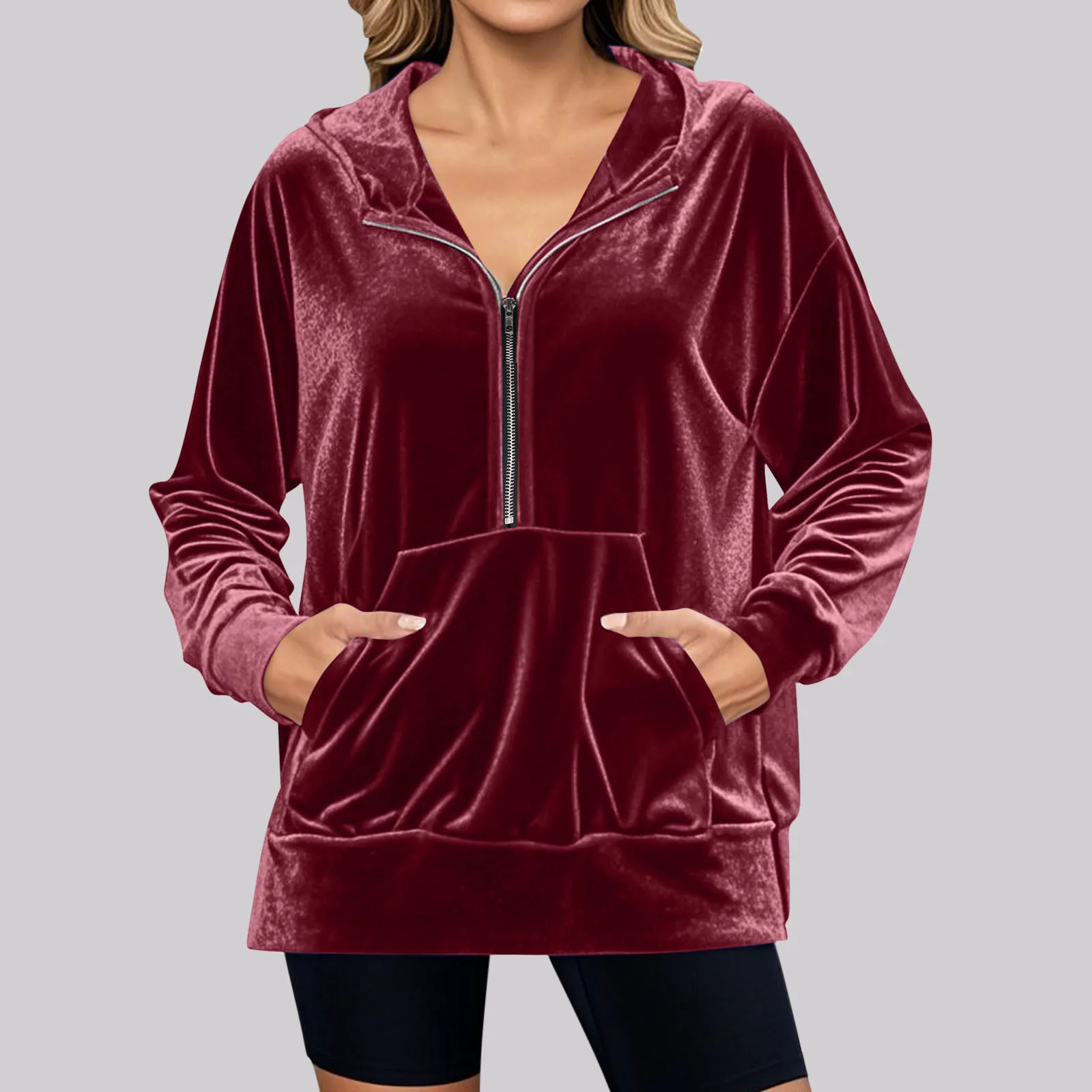 New Zipper Hooded Long Sleeve Shirt Women Solid Color Winter Casual Loose Pocket Top For Women 2025
