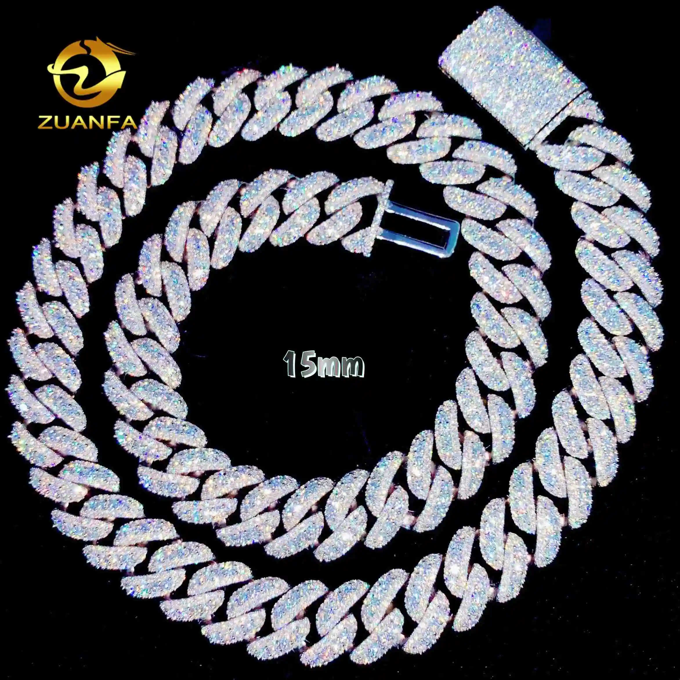 Direct Sale PROMOTION 15mm Cuban Links Moissanite Chain Moon Shape 3 Row Pass Diamond Tester，
