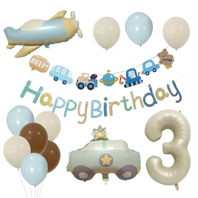 16pcs Cream Number Car Airplane Foil Balloons 1st Birthday Party Decor Kids Girl Boy Baby 1 2 3 4 5 6 7 8 9 Year Old Supplies