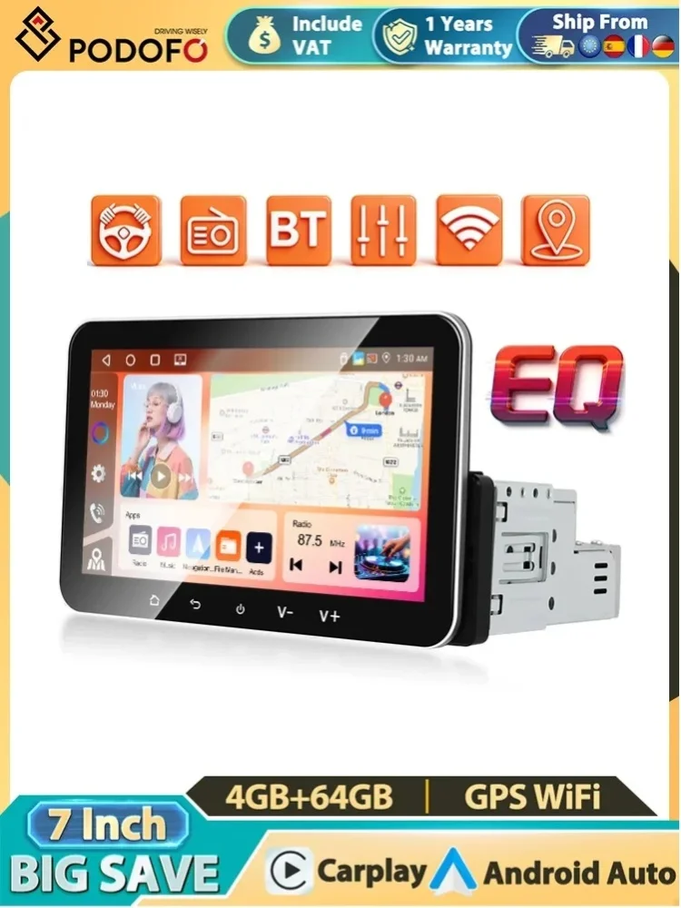 Podofo Bezprzewodowe Radio Samochodowe Carplay 1Din GPS Navi WIFI Uniwersalny Odtwarzacz Multimedialny Android Auto Mirror Link FM/RDS Podwójny USB (4G 64G Radio MIC AHD) — Zdjęcie 2 z 2