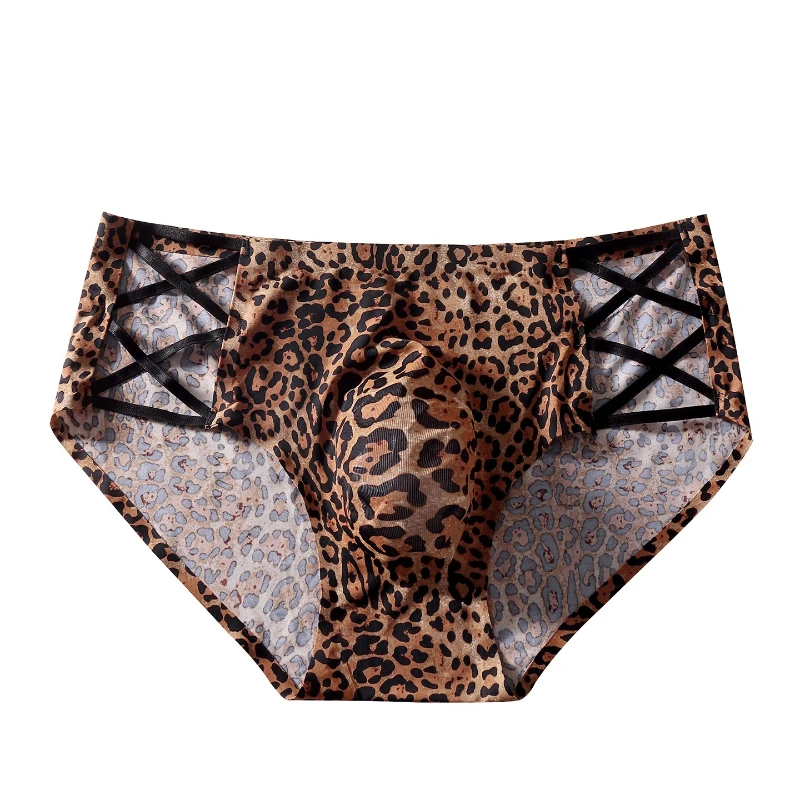 Men's Sexy Briefs Cross Hollow Ice Silk Leopard Print Panties 3d Bulge Pouch Underwear Sissy Lingerie Erotic Hombre Feminization