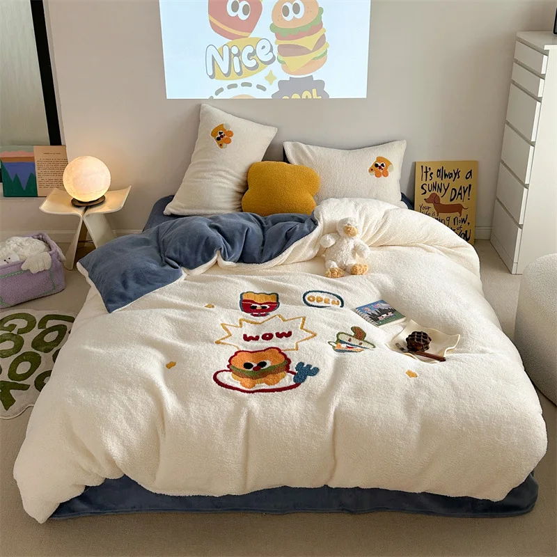 

Winter Cartoon Cute Thick Duvet Cover Velvet Four Piece Set Velvet Bedding Soft Plush Warmth For Duvet Cover Bed Sheet Bedroom