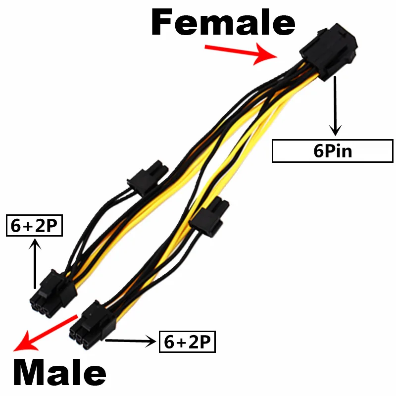 PCI Express 6 Pin P Female to 2x Male 8 (6+2) Pin PCIE Extension Cable VGA Graphic Video Card GPU Adapter Power Supply Splitter