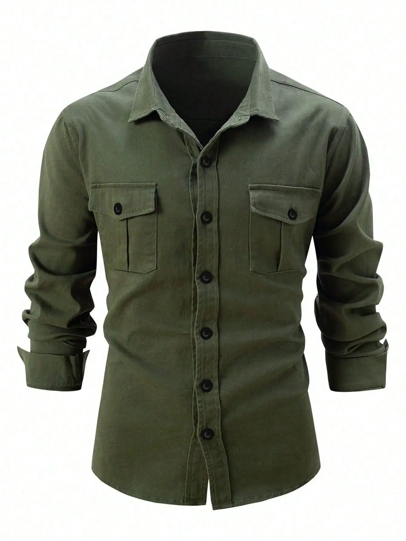 

Men's Olive Green Military-Style Casual Long Sleeve Shirt with Chest Pockets