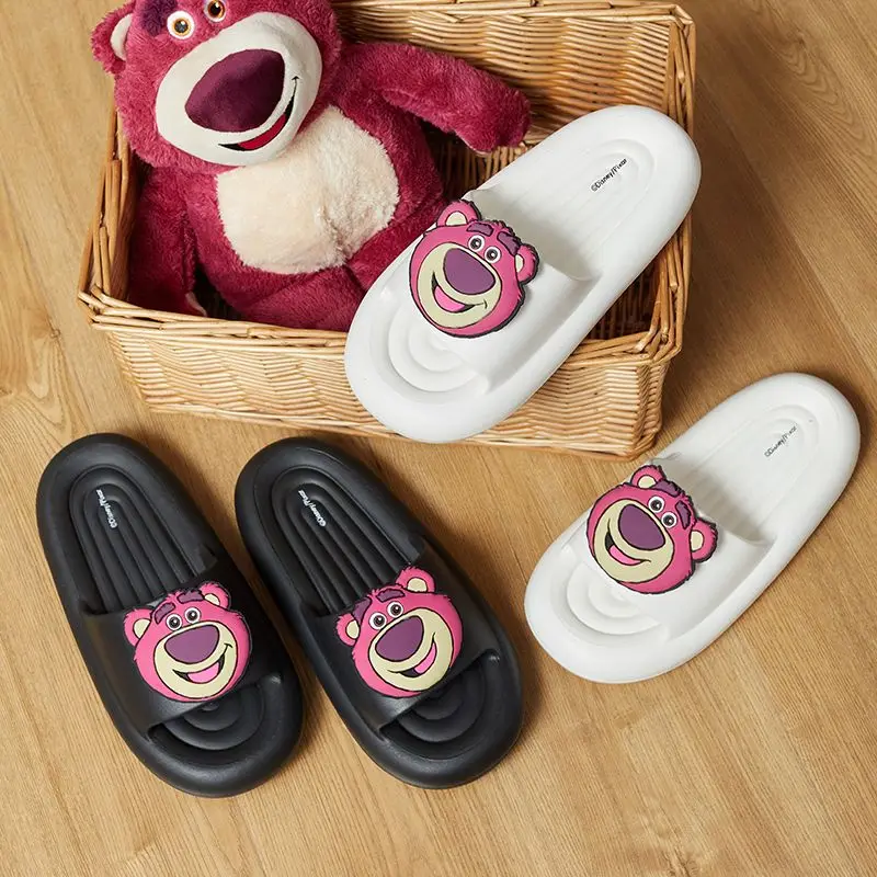2024 new Lotso strawberry bear black white pink Sandals Slippers For Women's Summer Cute Outerwear Thick Home shoes