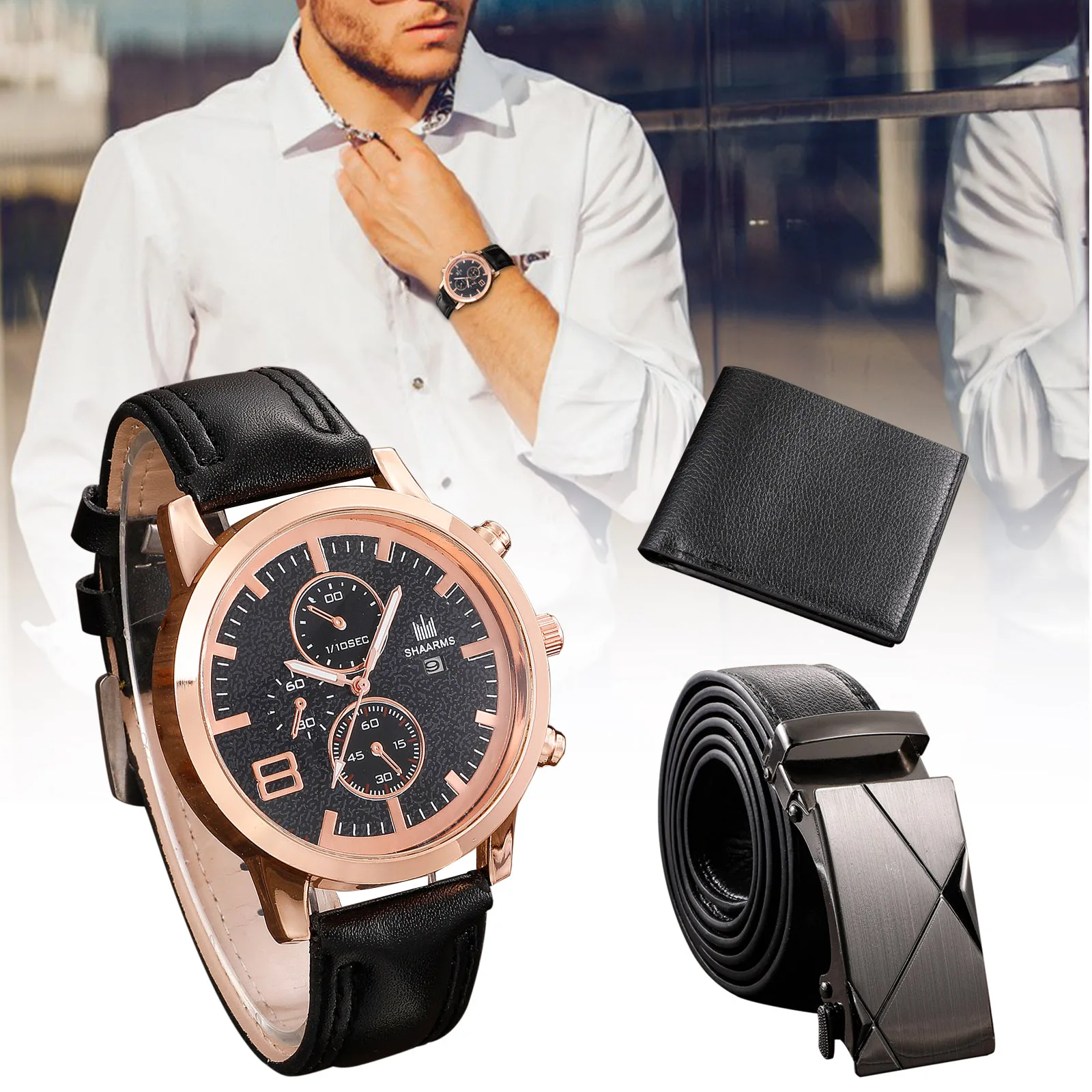 Men's Watch+Wallet+Belt Set Male's Gift for Father's Day Birthday Gift 3pcs/set for Dad Boyfriend Casual Quartz Watch SAL99