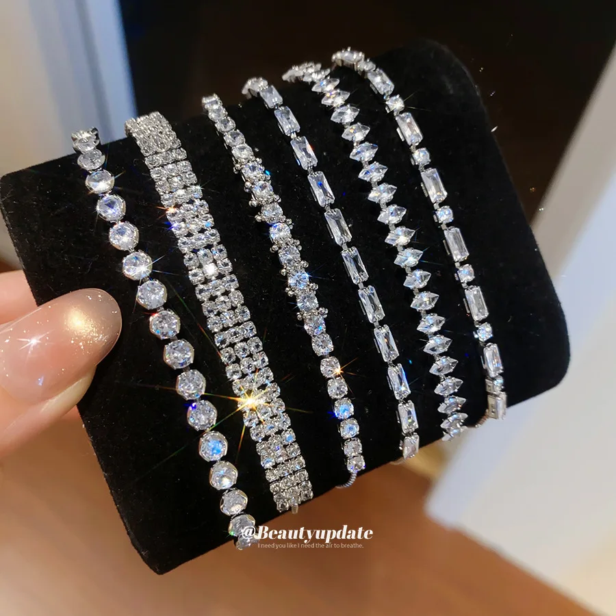 Sparkling Full Small Stones Thin Tennis Bracelet Different Cuts Shiny Rhinestone Inlaid Adjustable Chain Wedding Jewelry