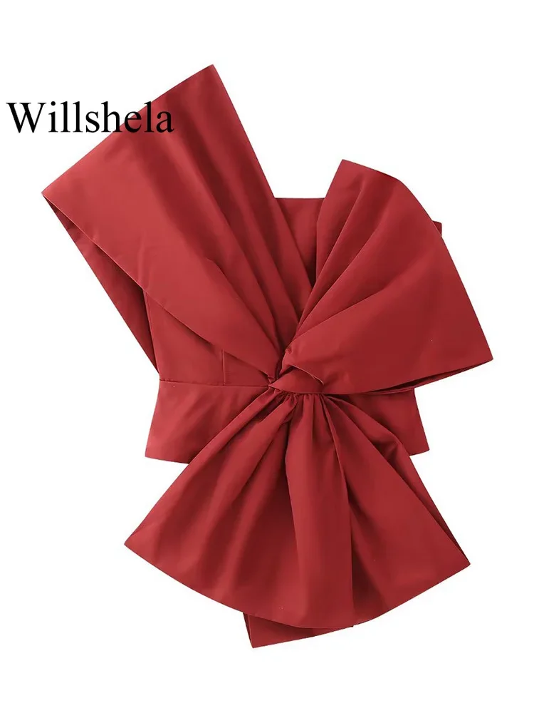 Willshela Women Fashion With Bow Solid Pleated Back Zipper Tops Vintage Asymmetrical Neck Female Chic Lady Crop Tops