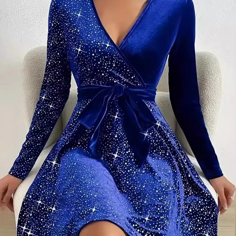 Automne printemps femmes robe col en V à lacets taille serrée paillettes décor a-ligne grand ourlet manches longues bal de promo Mini robe 자 ベルmenta