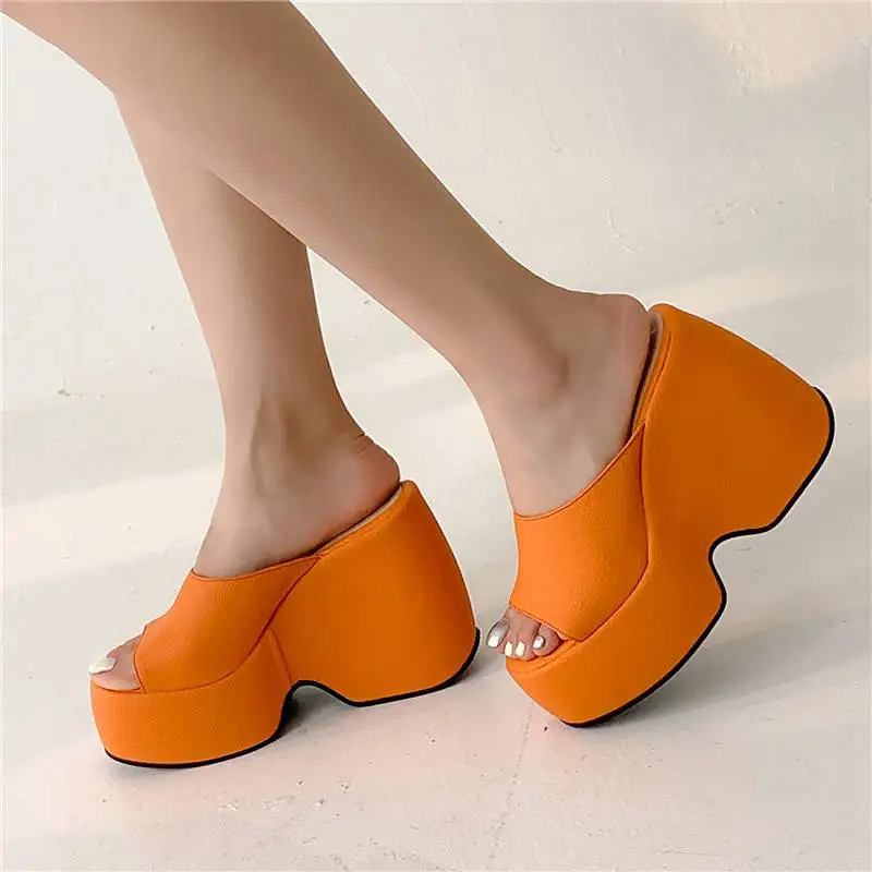 Krazing Pot Microfiber Mules Wedges Summer Platform Peep Toe Extreme Super High Heel Big Size 43 Dating Slip on Women Sandals