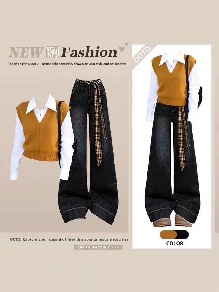 

Корейский повседневный вязаный свитер и широкие джинсы, женский модный комплект из двух предметов для поездок на работу, зима с высокой талией