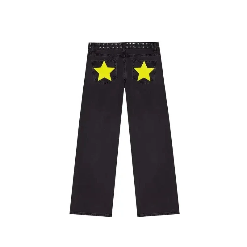 Mens Jeans Gothic Five Pointed Star Sequined Rivet Baggy Denim American Fashion Casual Mid Rise Slim Trousers Harajuku Style New