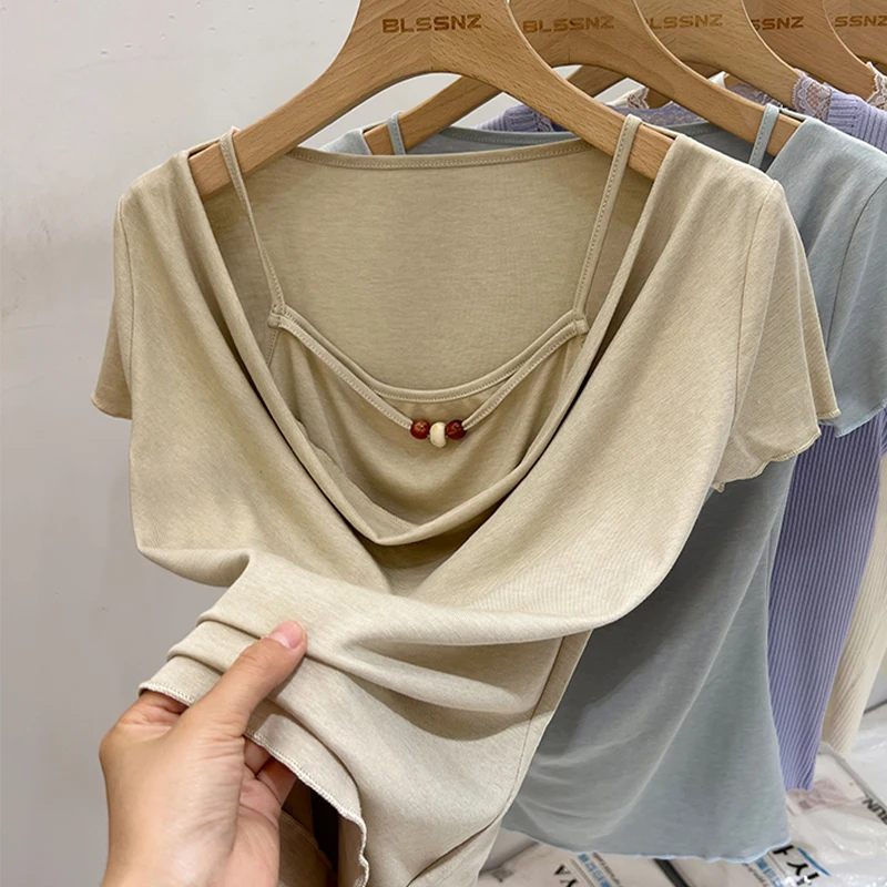 

Женские футболки Y2K: модные облегающие топы с круглым вырезом, коротким рукавом и пэчворком для летнего уличного стиля 2026