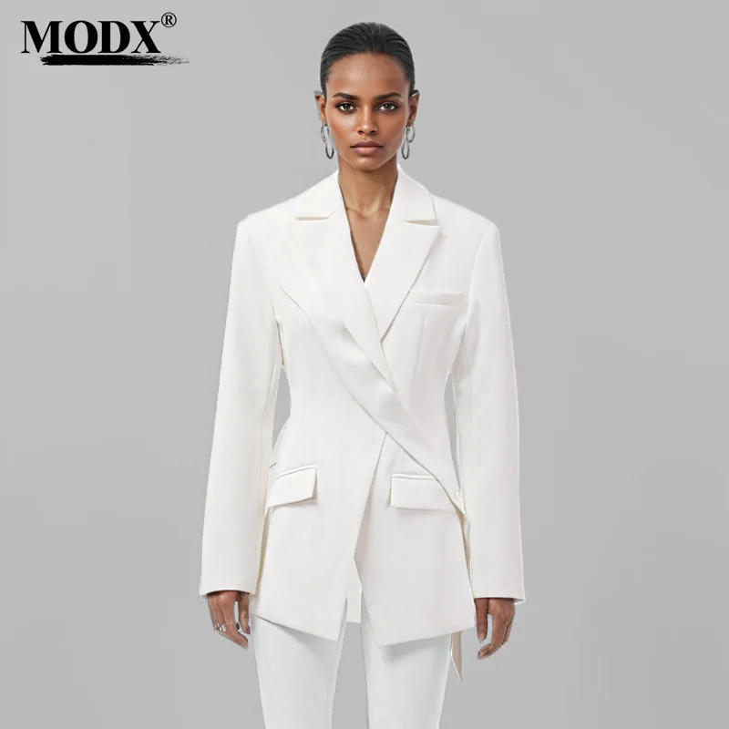 [MODX] Loop strap splicing buckle design, high-end white jacket, elegant feminine suit