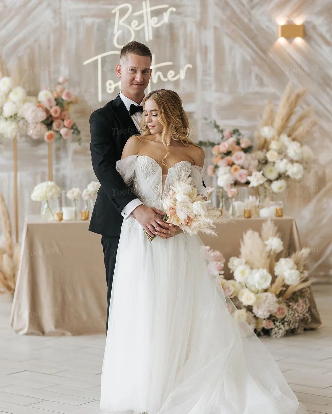 Toofgon vestido de novia de encaje con apliques de tul de una línea elegante, corsé con hombros descubiertos, vestidos de novia para fiesta