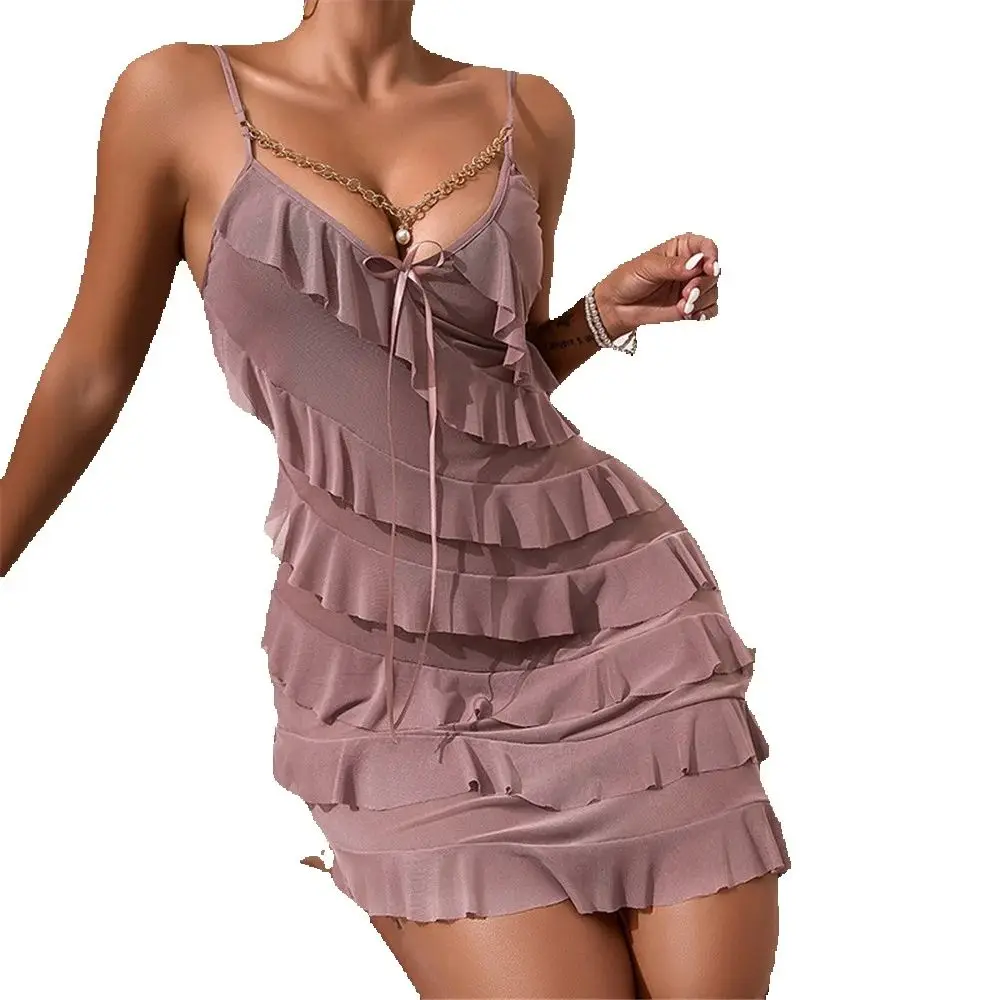 

Sexy Backless Suspender Nightgown Summer Women's Sleepwear Ruffles Applique Nightdress Mini Home Wear