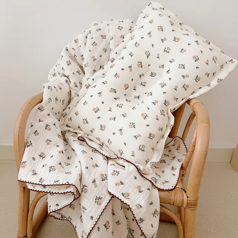 韓国風花柄モスリンベビー枕-新生児用-コットンキッズ寝具クッション-装飾花柄ベビー枕