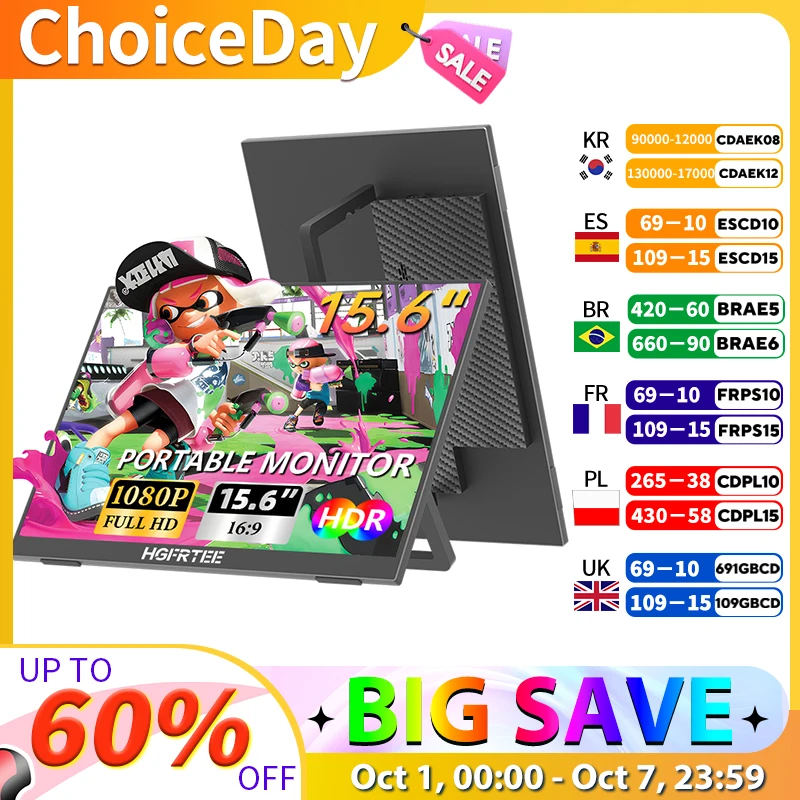 

HGFRTEE 15,6-дюймовый портативный игровой монитор 1080P, дисплей расширения Type-C/HDMI 250 кд/м2 с подставкой для ноутбука, телефона, переключателя PS5 Xbox