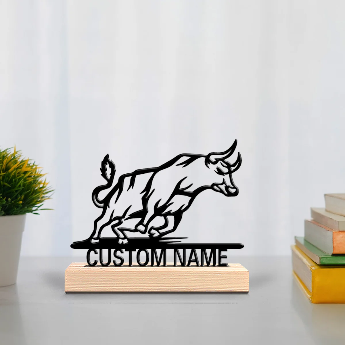 1pc Abstract Bull Customizable Text Tin Statue Metal Ornament Art Figurine With Wood Base Metal Ornament For Friend Gifts